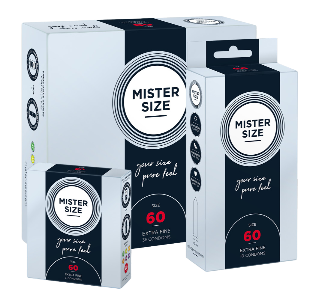 Tre forskellige Mister Size-kondompakker i størrelse 60